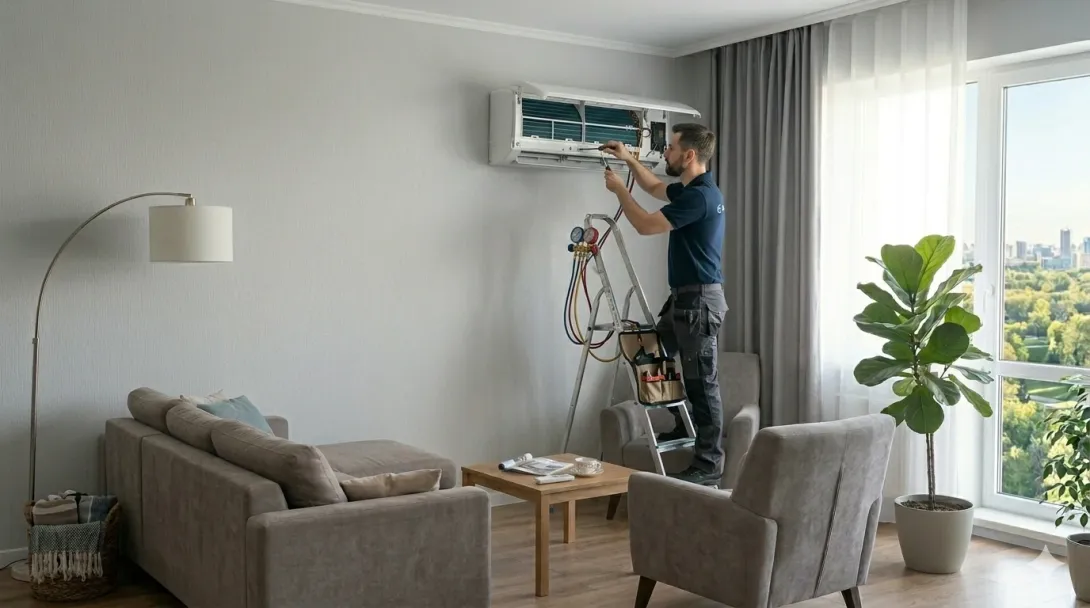 mannelijke airco installateur op trap ladder